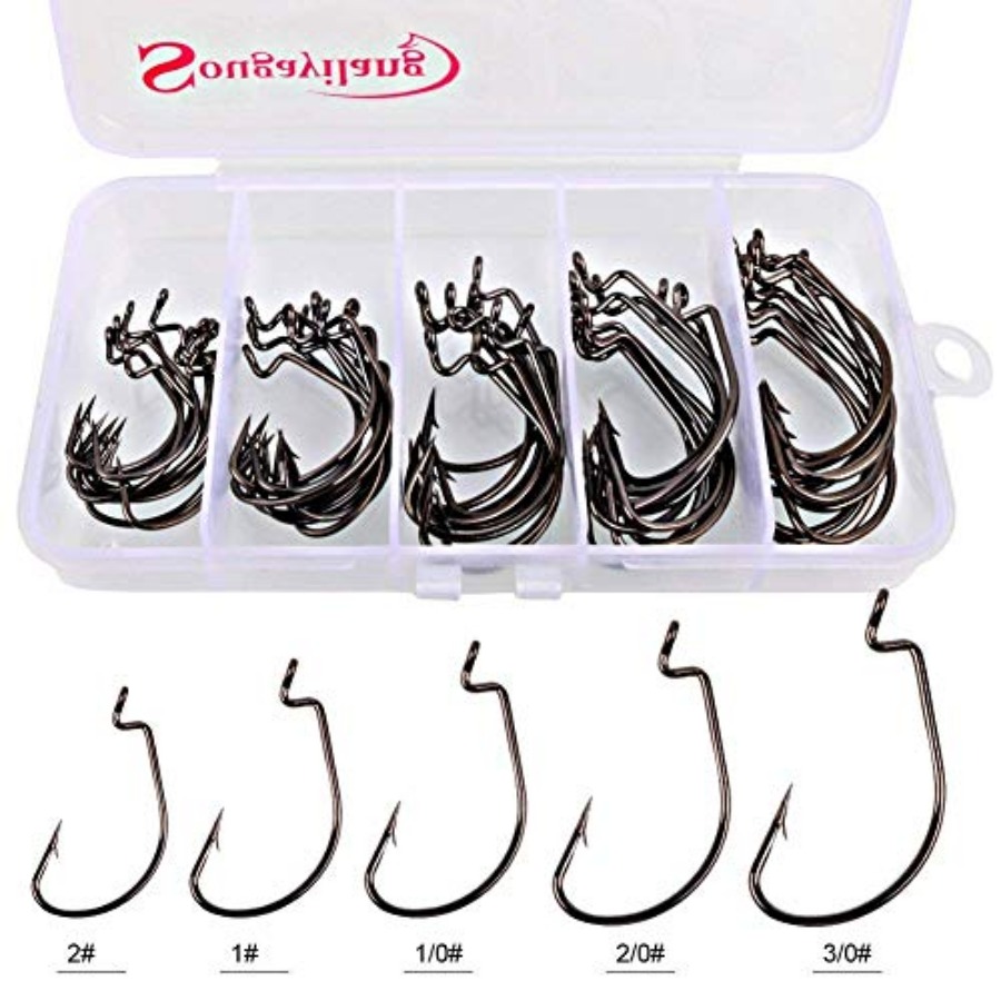 Offset Shank Worm Hooks High C - مراجعة Fishing Hook Weedless وسعره